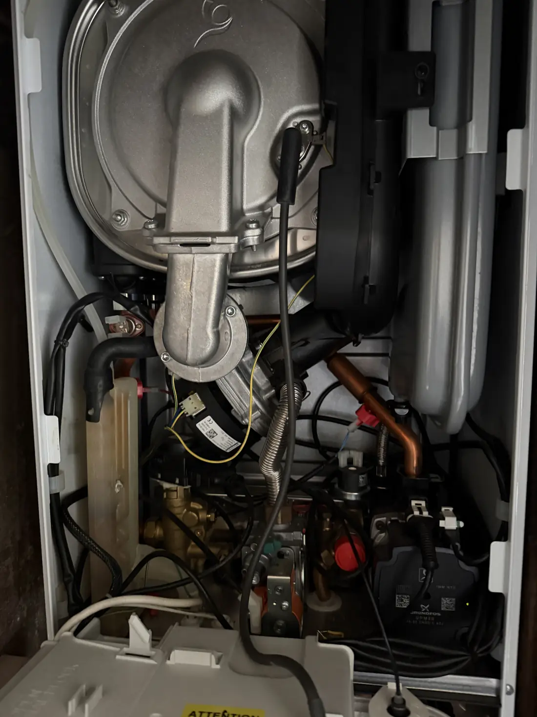 The Baxi 800 reassembled after the strip-down, with the fan and burner assembly refitted