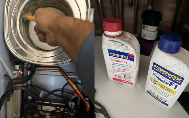 Before and after: an engineer brushing the Baxi 800 heat exchanger, and the Fernox F3 cleaner and F1 protector used on the system