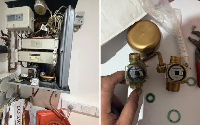 Before and after: the open heat interface unit and the old and new Honeywell flow switches side by side