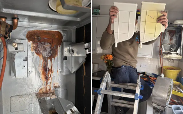 Before and after: the rust and corrosion on the floor of the Glow-worm case, and the cracked old flue collector held beside the new one