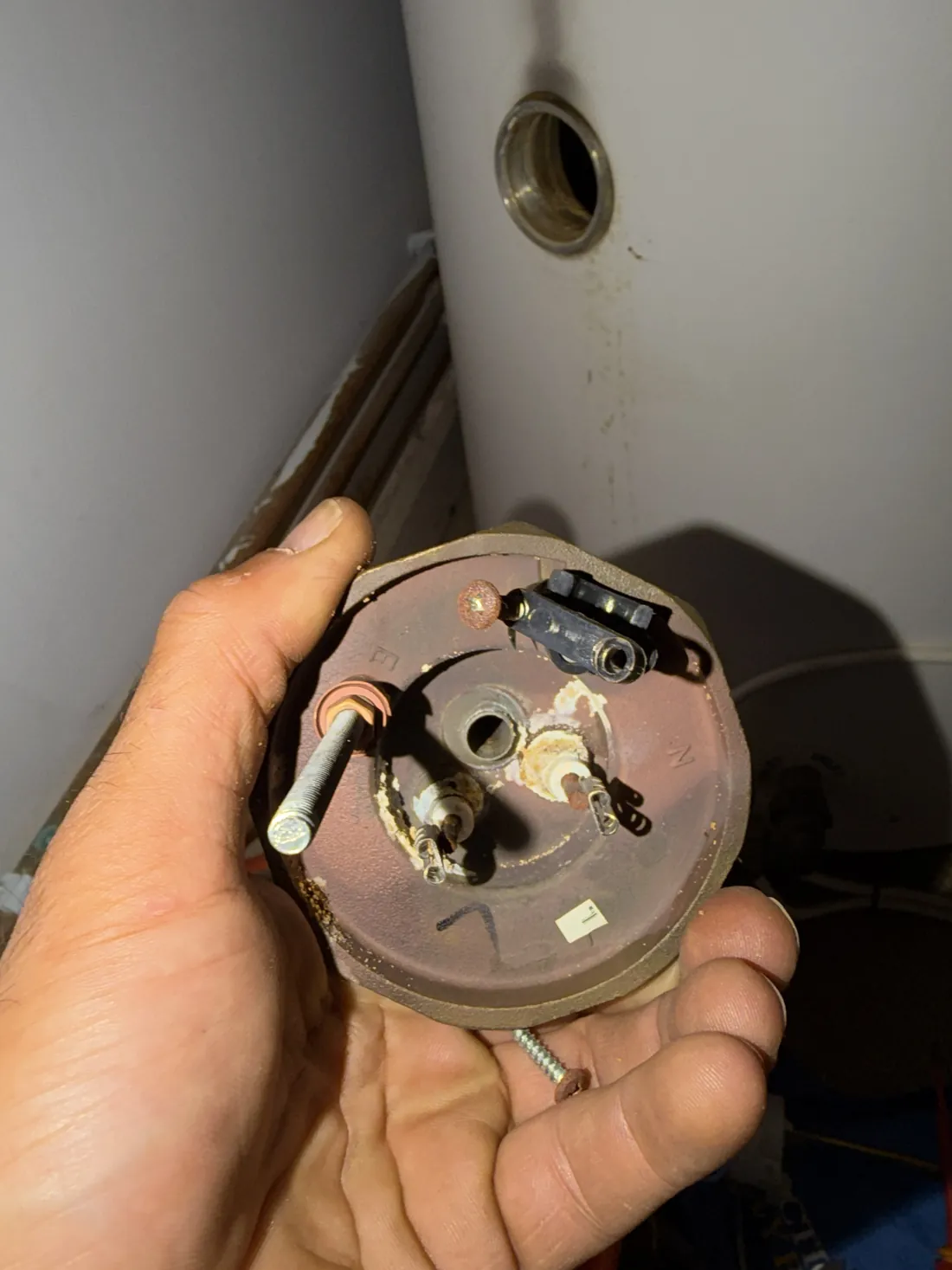 Head of an old immersion heater element held in hand, showing corroded terminals and scale around the thermostat pocket