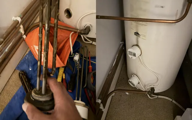 Before and after: an old scaled immersion element held beside a new one, and the Megaflo with both new elements fitted