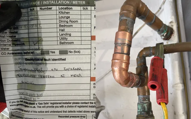 Before and after: Cadent's warning notice recording the pressure drop on the internal pipework, and the meter outlet after the repair with a temporary bond fitted