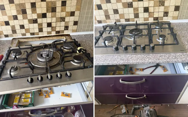 Before and after: the worn old gas hob and the new five-burner stainless hob fitted in an Edgbaston rental kitchen
