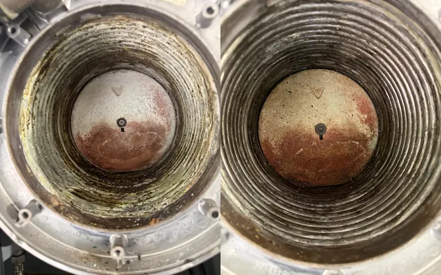 Before and after: the fouled Viessmann Vitodens heat exchanger, and the same heat exchanger after cleaning during the strip-down service