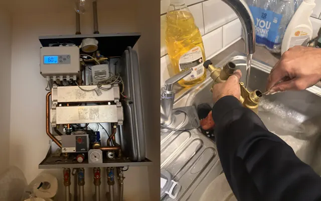 Before and after: the heat interface unit with its cover off, and the strainer and manifold being cleaned out at the kitchen sink