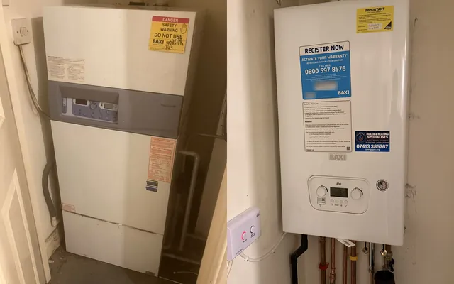 Before and after: the condemned Potterton Powermax with its Do Not Use label, and the new Baxi 400 combi fitted on the wall of the same cupboard