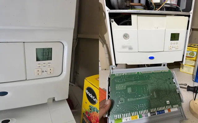 Before and after: a Worcester Greenstar display showing H09, and the faulty circuit board out with the boiler running again