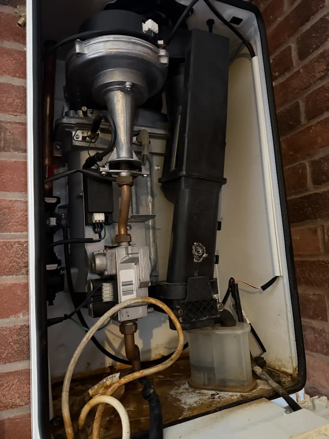 The old Ideal boiler with the case off, showing rust and staining at the base