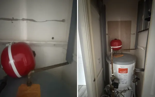 Before and after: the expansion vessel hanging off the wall in Hockley and the vessel remounted on a plywood board beside the Megaflo cylinder