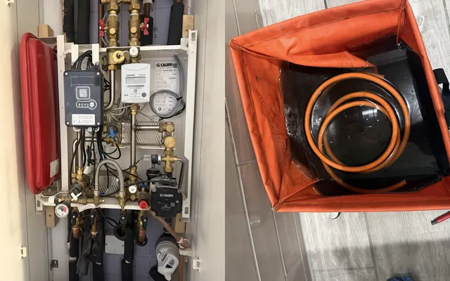 Before and after: the Caleffi heat interface unit with its cover off, and the dark system water drained into a tray during the service