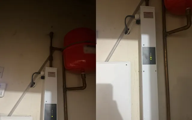 A Potterton Gold electric boiler with its expansion vessel, and the boiler running again after the repair