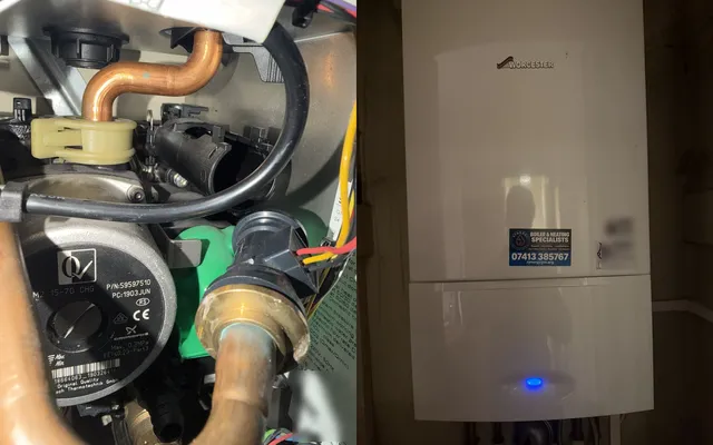 Before and after: the leaking flow adapter out of a Worcester Greenstar manifold, and the boiler back running