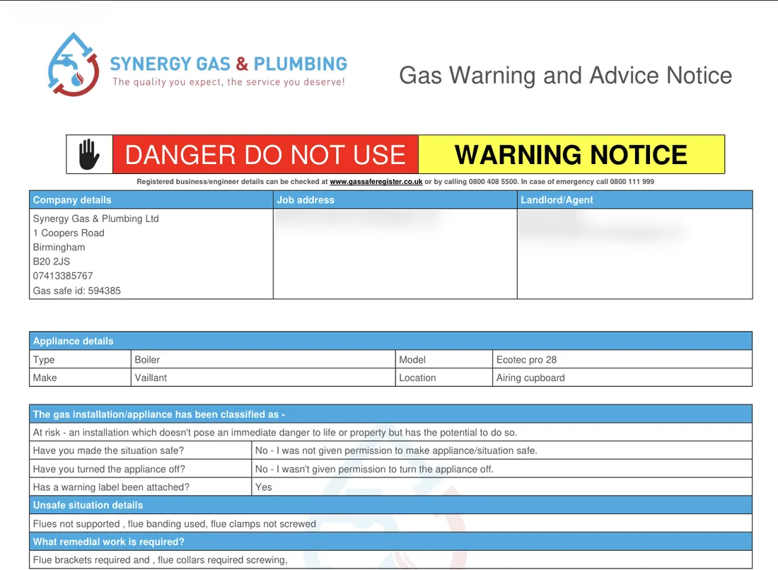 Synergy Gas and Plumbing warning notice classifying the installation At Risk, listing flues not supported, flue banding used and flue clamps not screwed