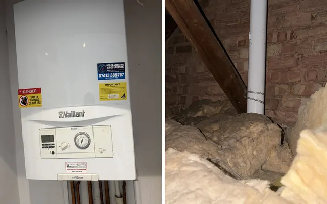 The Vaillant ecoTEC pro 28 with our warning label attached, and the flue in the loft held only by a strip of metal banding