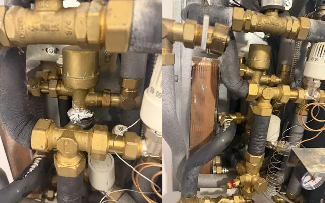 Before and after: a HIU valve joint wrapped in sealant and a hose clip, and the new valve fitted in its place