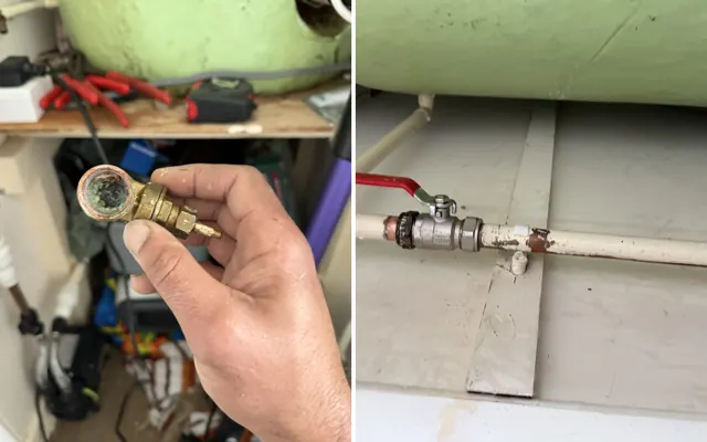 Before and after: the snapped gate valve with its corroded gate, and the new full-bore lever valve fitted under the hot water cylinder