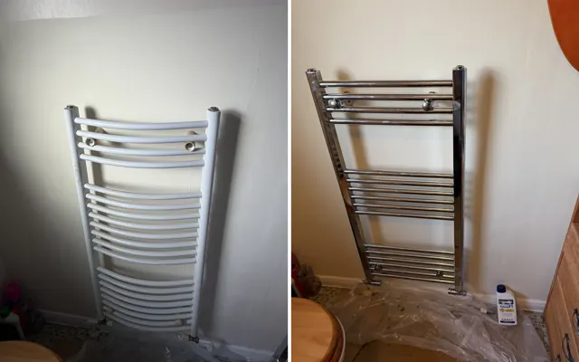 Before and after: the old white curved towel radiator and the new chrome ladder towel radiator fitted in a Rowley Regis bathroom