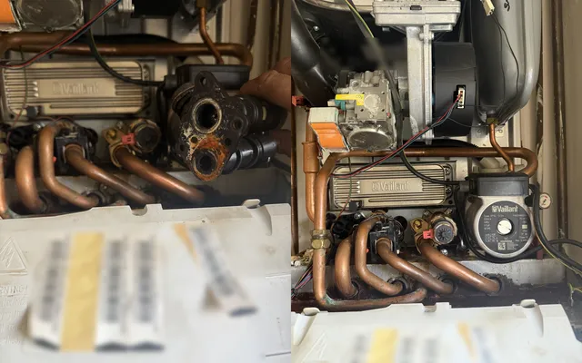 Before and after: a corroded diverter valve out of a Vaillant ecoTEC pro 28, and the new valve fitted