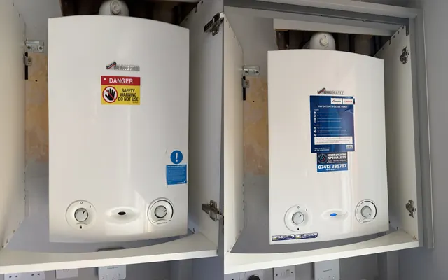 Before and after: the old Worcester Greenstar Ri carrying a Do Not Use label, and the new Greenstar Ri fitted in the same kitchen cupboard