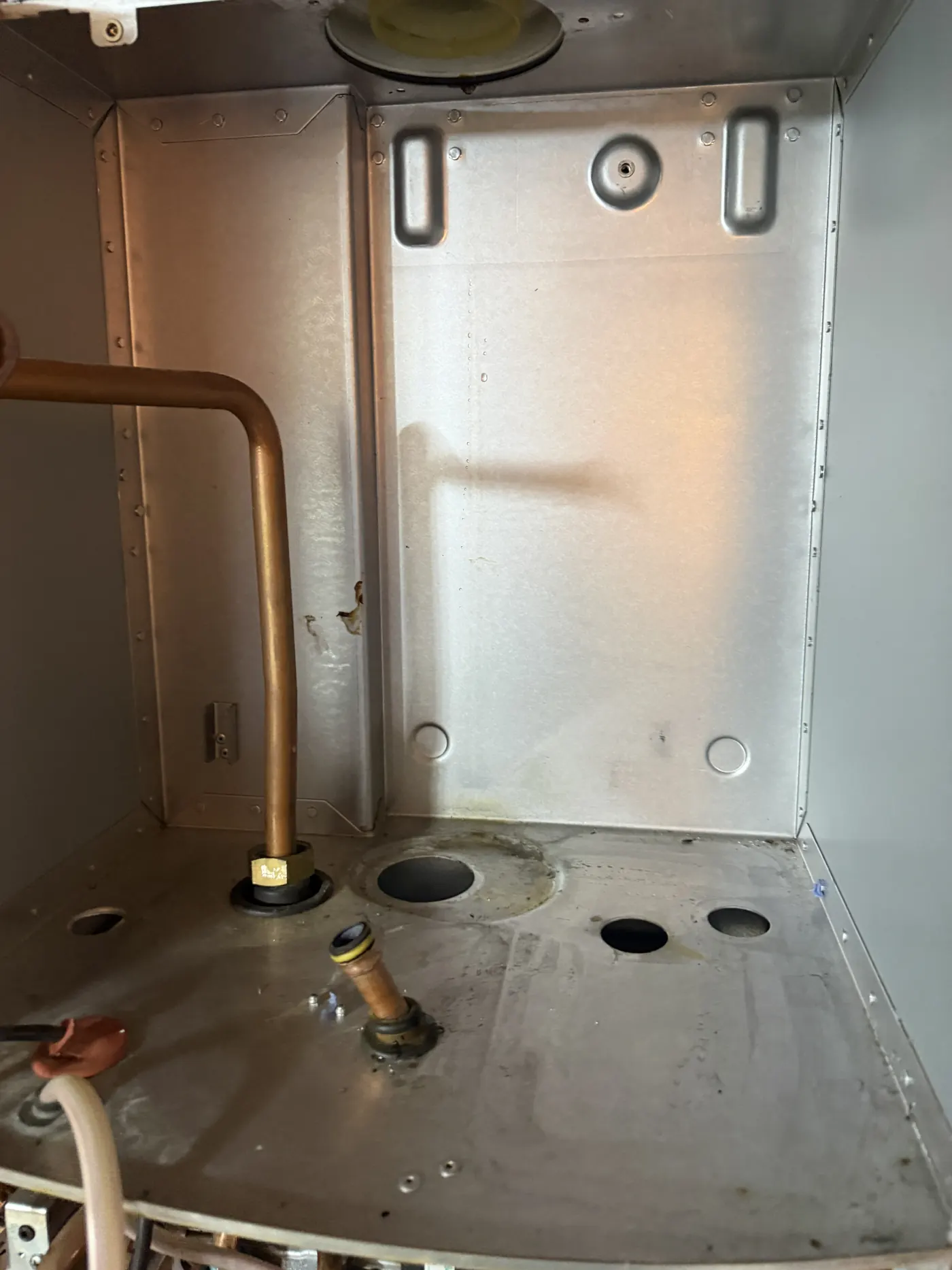 The empty combustion box of the Worcester CDi showing the staining left by the leaking condensate collector