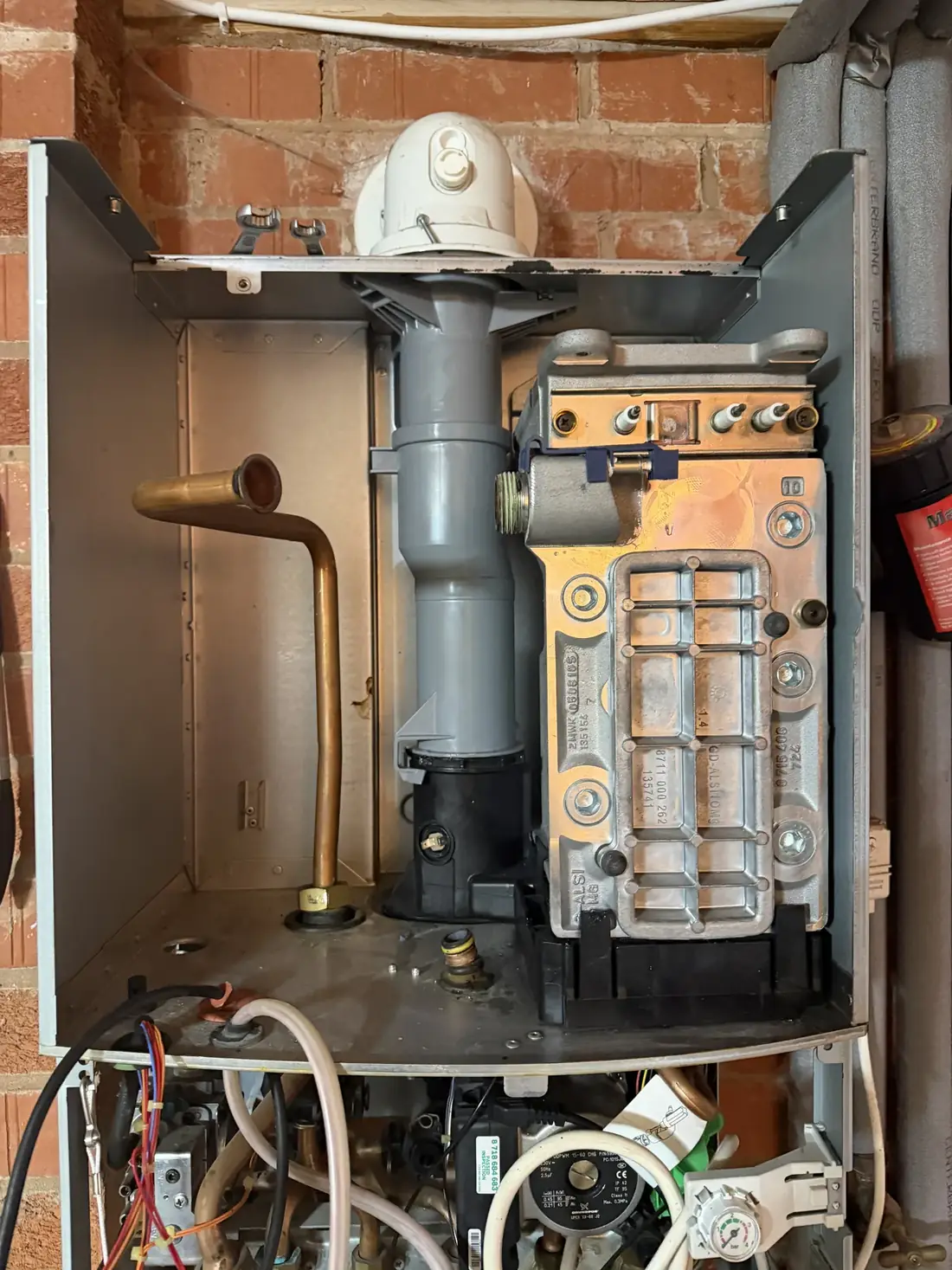 The Worcester CDi combustion box rebuilt with the new condensate collector and the burner assembly refitted