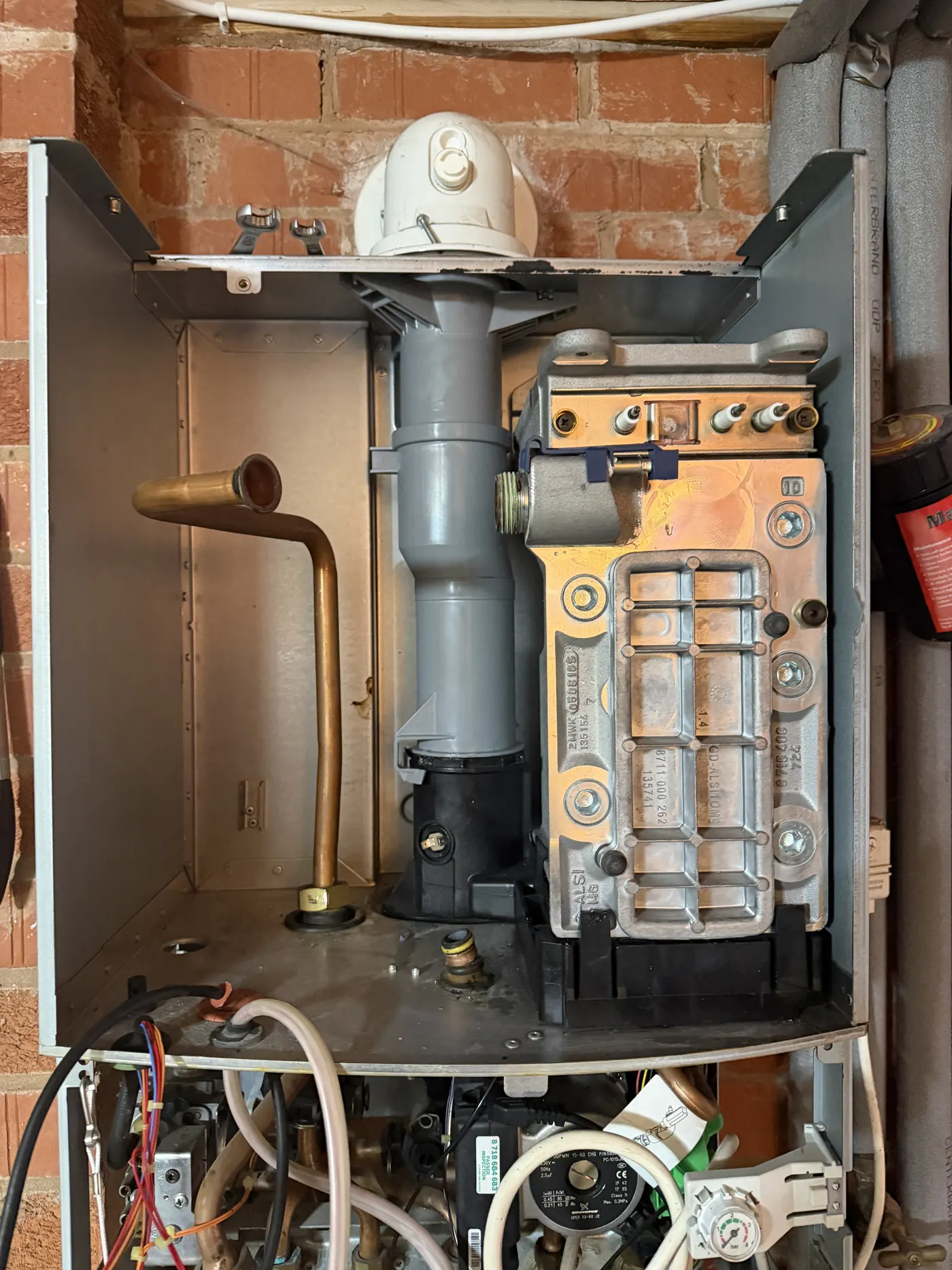 The Worcester CDi combustion box rebuilt with the new condensate collector and the burner assembly refitted