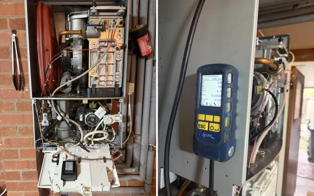 Before and after: the Worcester CDi stripped out with the burner assembly removed, and the flue gas analyser reading 79 ppm CO after the rebuild