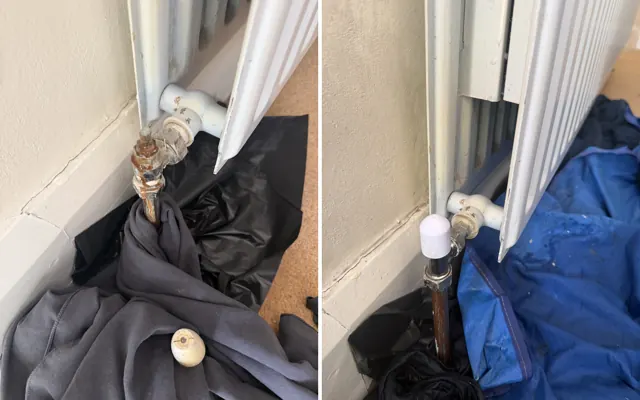 Before and after: the corroded leaking radiator valve and the new valve fitted in a Sutton Coldfield home