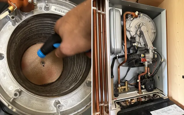 The Viessmann heat exchanger being cleaned during a full strip-down service, and the boiler with the case off