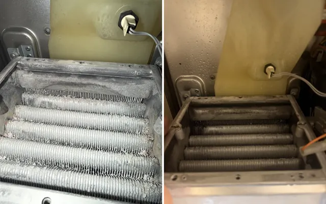 Before and after: the fouled Vokera heat exchanger and the same heat exchanger after a full strip-down service