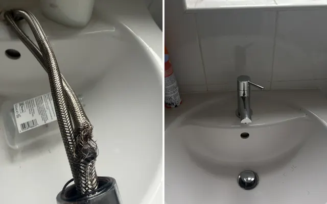 Before and after: the split braided flexi hose and the new mixer tap fitted in a Walsall flat