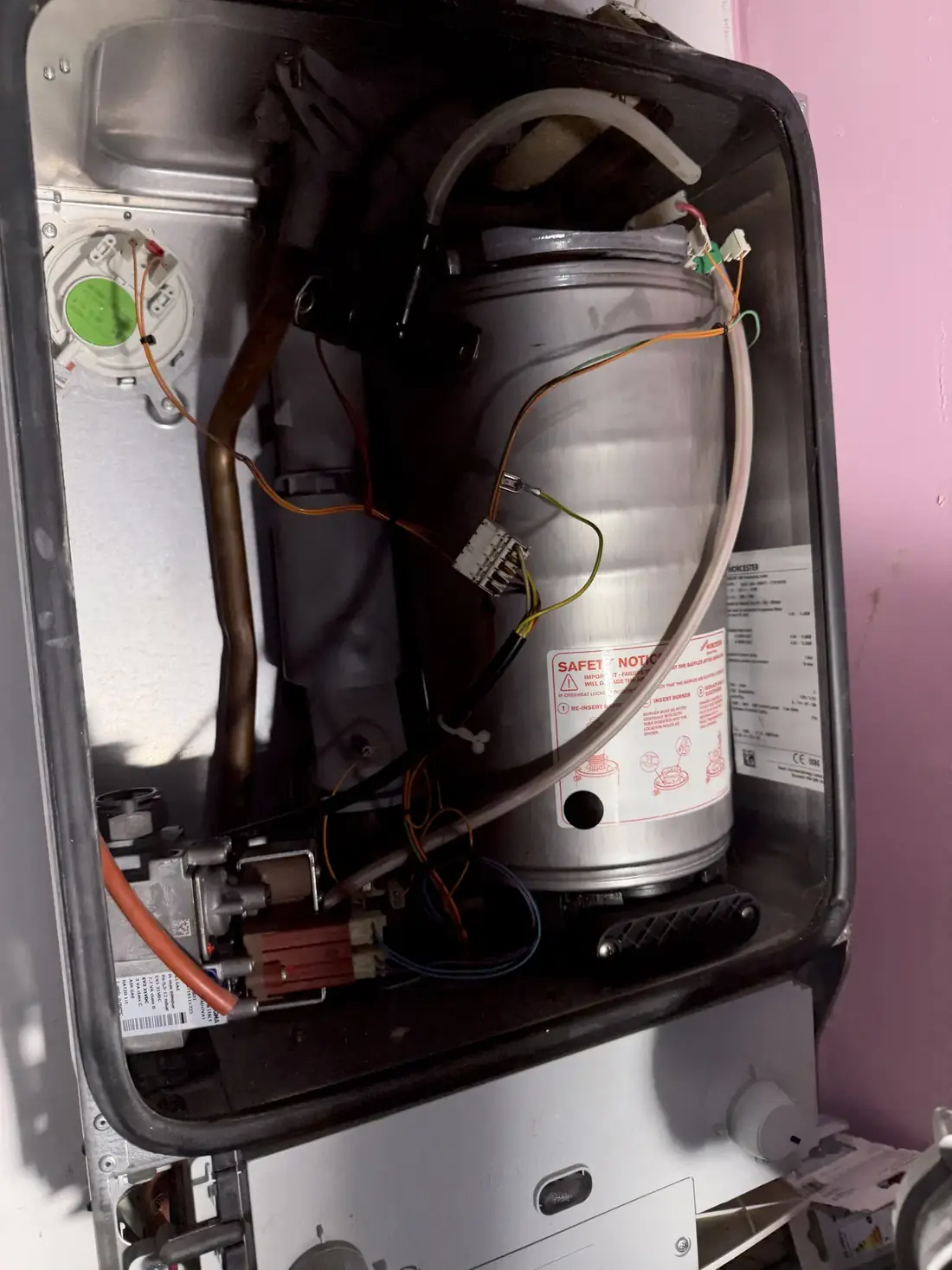 Worcester Greenstar Ri with the case removed showing the heat exchanger, gas valve and wiring