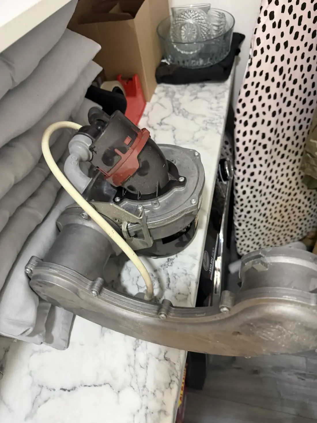 Fan and burner assembly removed from a Worcester Greenstar Ri during repair