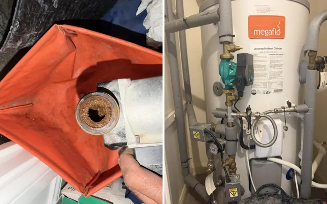 Before and after: the sludge inside the failed pump, and the new pump fitted beside the Megaflo cylinder in the Walsall rental