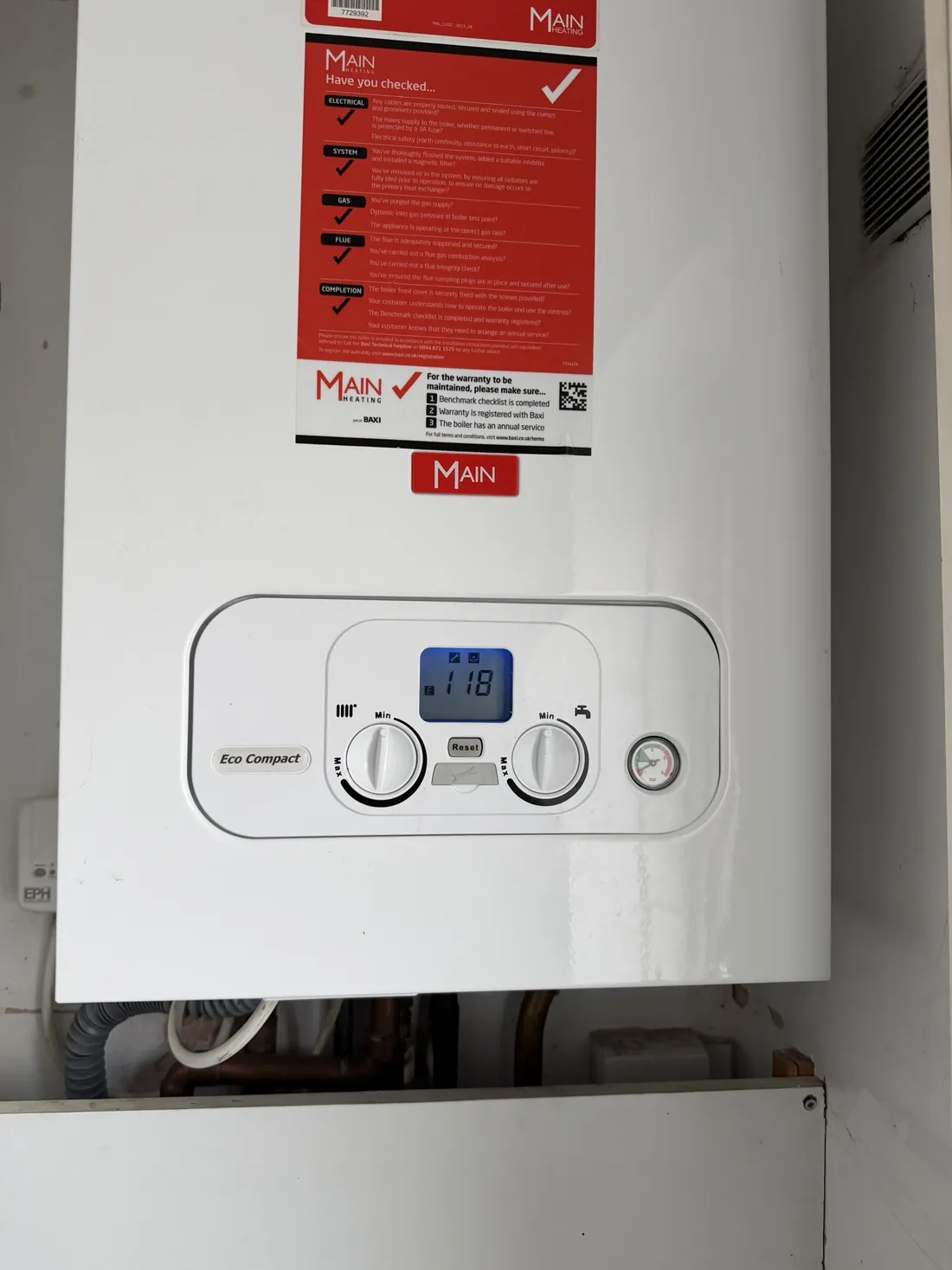 Main Eco Compact combi boiler in Wednesbury with fault code E118 for low water pressure on the display