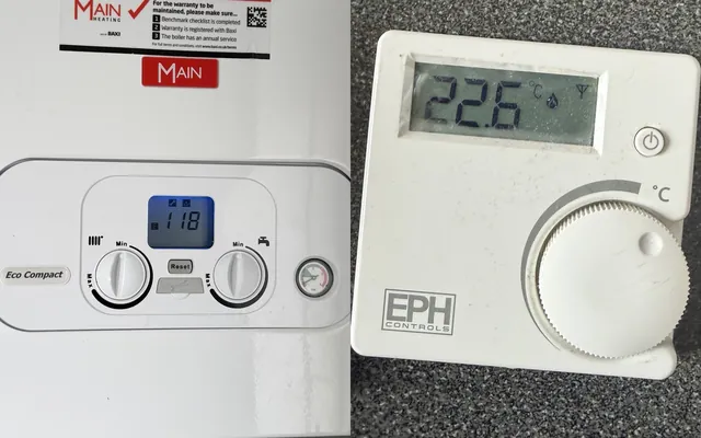 Before and after: the Main Eco Compact showing fault code E118, and the EPH wireless room thermostat working again after new batteries