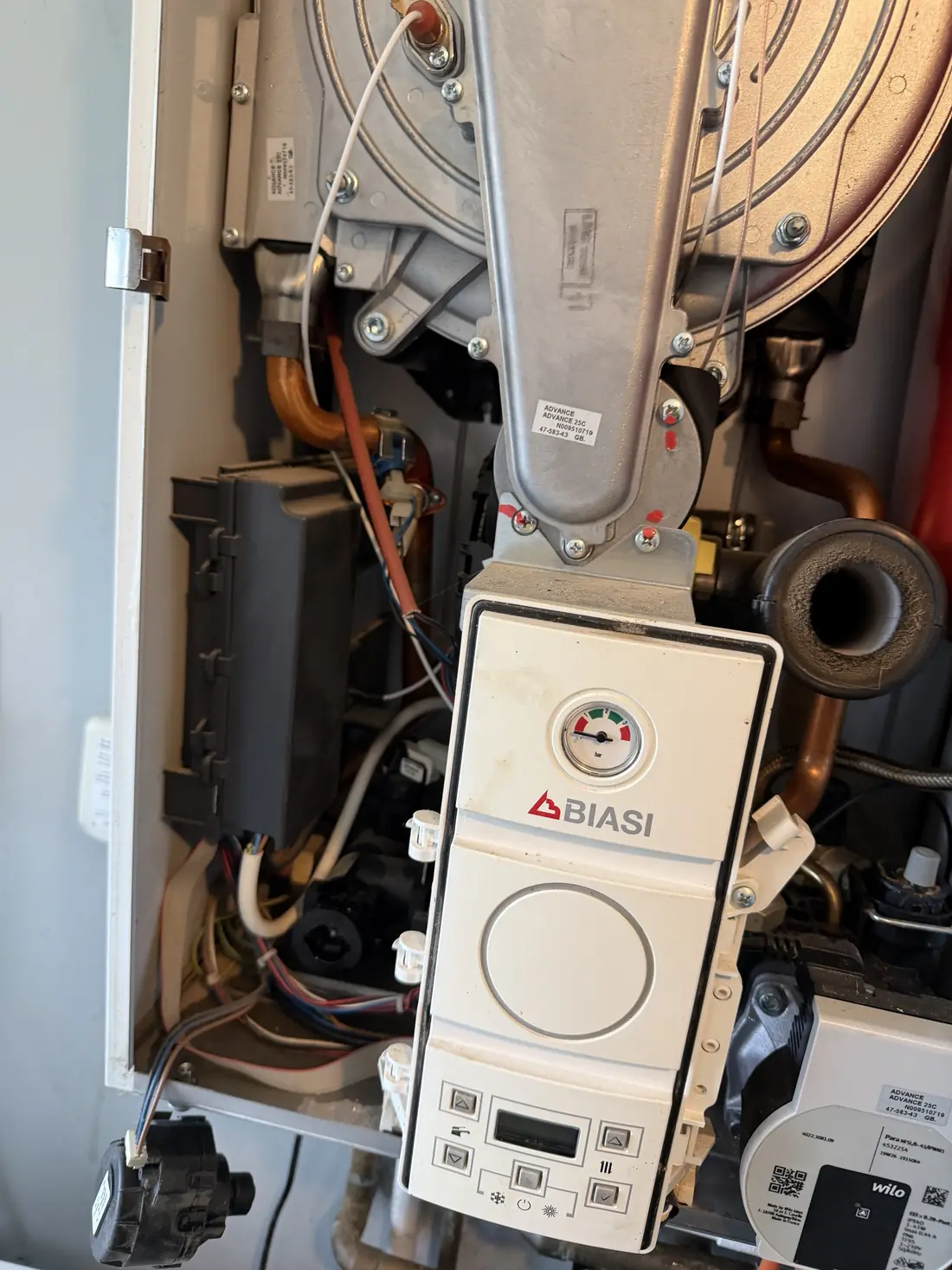 Biasi Advance 25C combi boiler with the front case removed during a repair in Wolverhampton