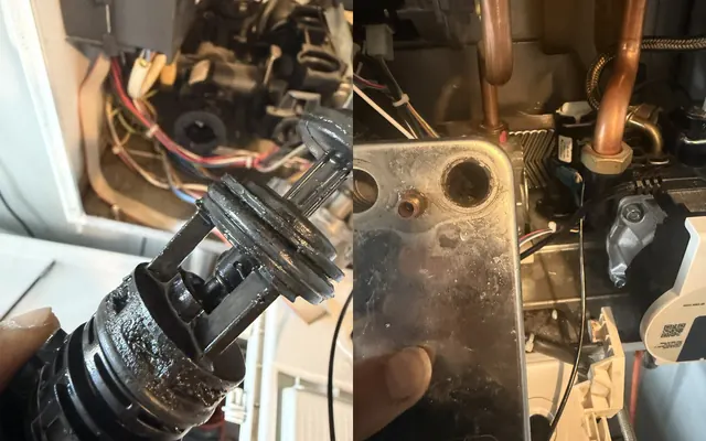 Before and after: the sludged diverter valve cartridge removed from a Biasi Advance, and the blocked plate heat exchanger out of the boiler