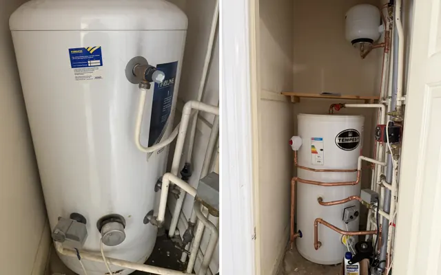 Before and after: the old leaking unvented cylinder and the new 150-litre stainless steel unvented cylinder installed in Wolverhampton