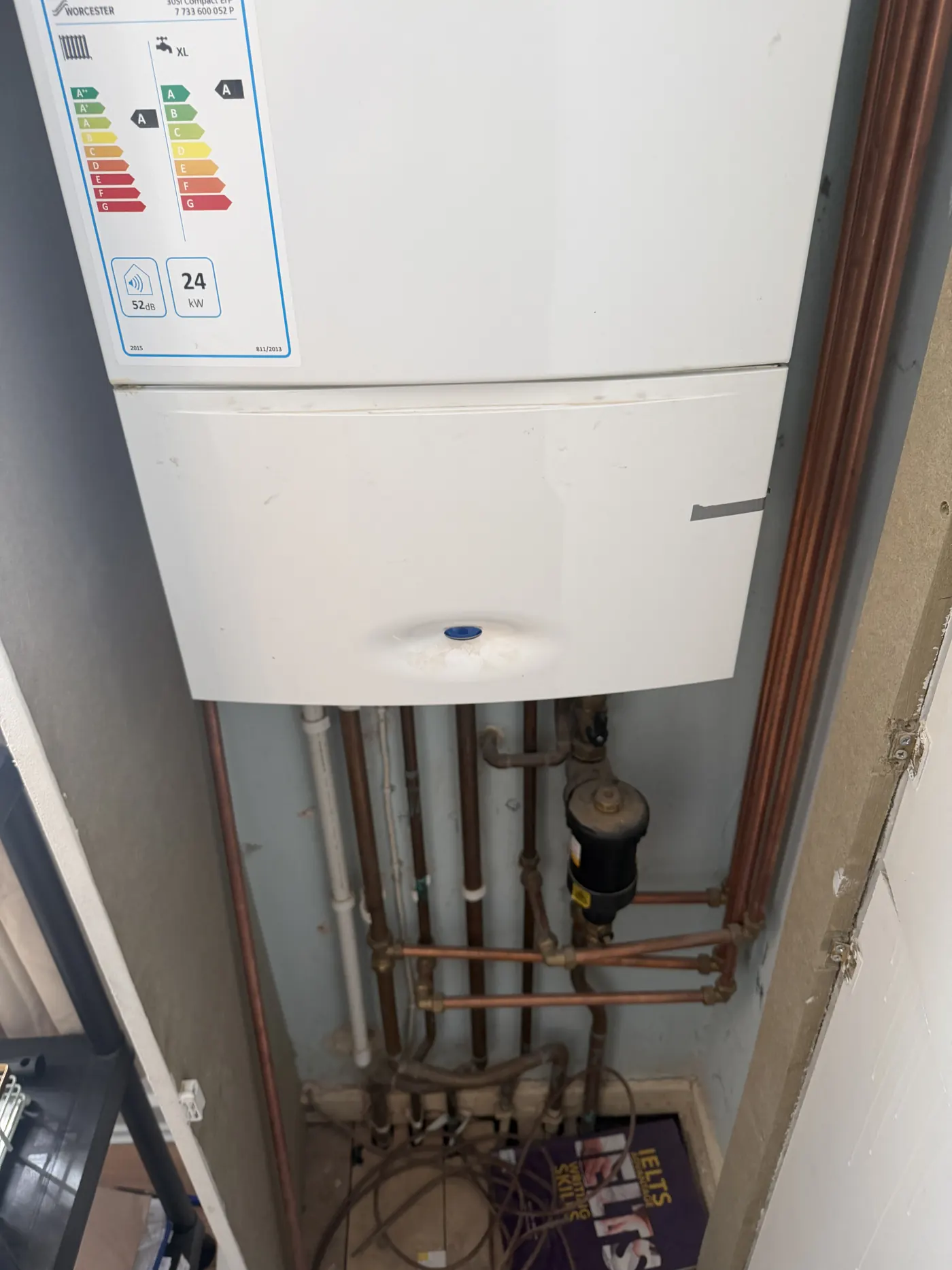 Worcester Greenstar Compact CDi with the control panel properly clipped back in place after the hinge clips were replaced