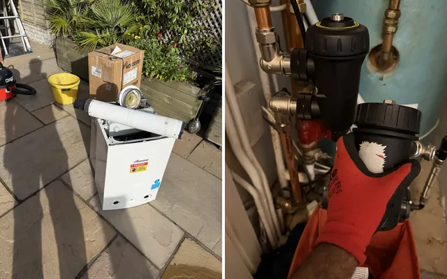 The old Worcester Greenstar Ri taken out during a boiler replacement in Solihull, and the magnetic filter fitted with the new boiler