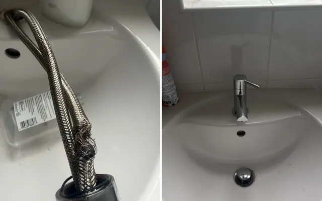 A split braided flexi hose that caused a leak in a Walsall flat, and the new mixer tap fitted