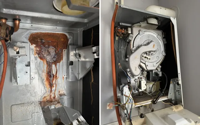 Rust inside a Glow-worm boiler found on a landlord gas safety inspection in Chelmsley Wood, and the boiler with its case off
