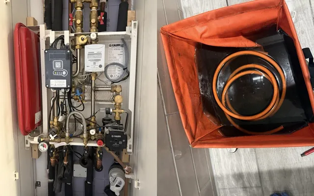 A Caleffi heat interface unit with its cover off in a Jewellery Quarter apartment, and the dark system water drained during its service