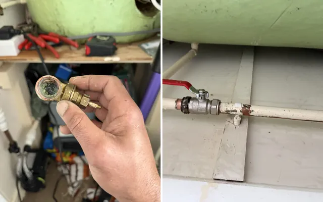 A snapped gate valve with a corroded gate from an Oldbury flat, and the new lever valve fitted under the hot water cylinder